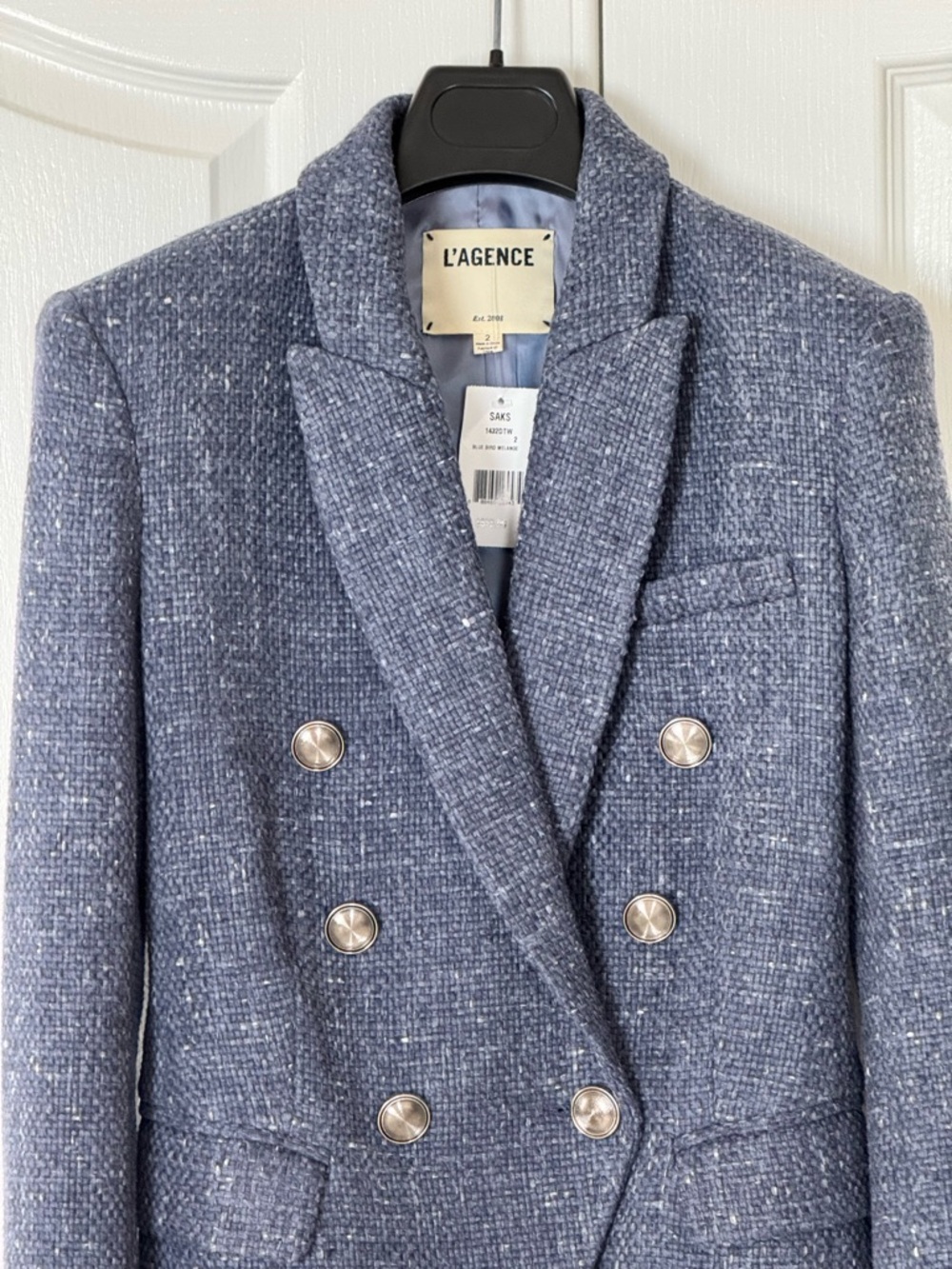L'AGENCE Wool Blend Tweed Double-Breasted Blazer in Denim Blue - US 2 - Picture 2 of 9